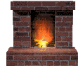 brick fireplace burning